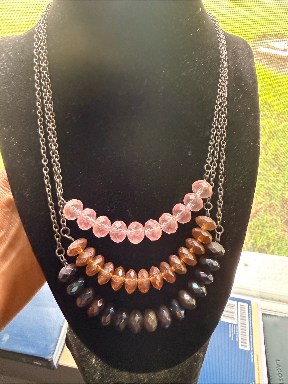 Layered Pink, Amber and Iridescent Beaded Necklace - Women Jewelry